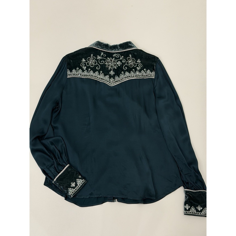 Vintage Shyanne Velvet Trim Embroidered Western Blouse XL Green Boho - Picture 9 of 9